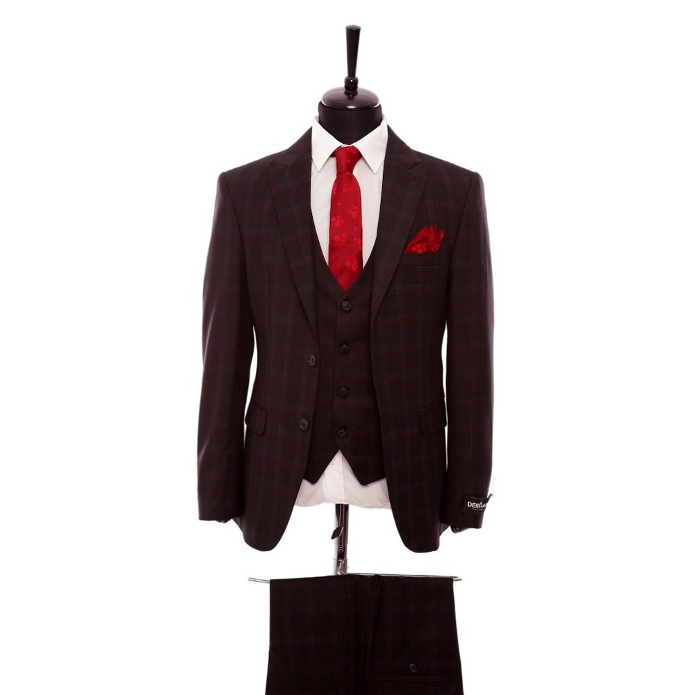Premium Turkish Suit, Plaid Peak Lapel 3-piece, Burgundy U.S. Sizes